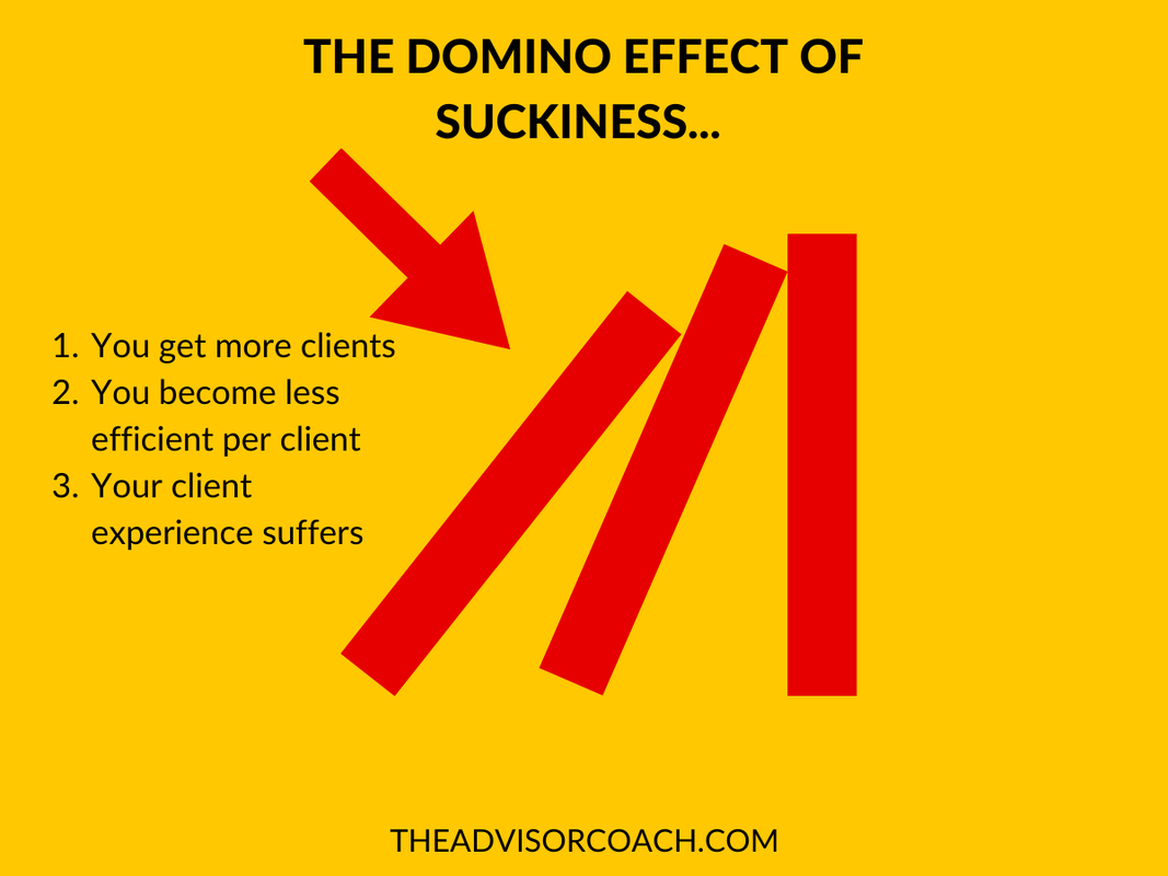 The domino effect of suckiness, which occurs when you don't know the optimal number of clients for a financial advisor